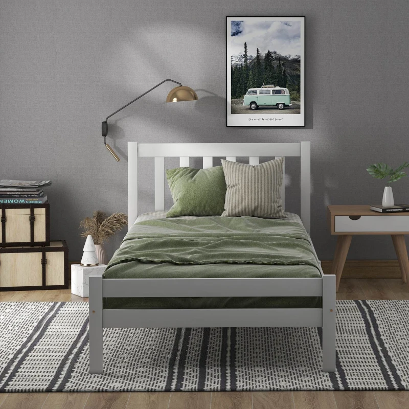 Solid Wooden Single Bed Frame 3ft with Headboard and Footboard, No Box Spring Required, Easy Assembly, 196x94x77 cm, White