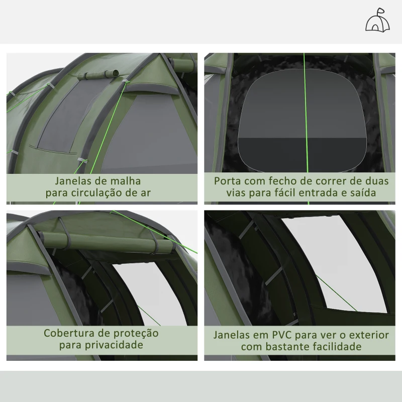 Outsunny Tenda de Campismo para 3-4 Pessoas Impermeável PU2000 mm com Proteção UV30+ Janelas e Bolsa de Transporte 475x264x172 cm Verde