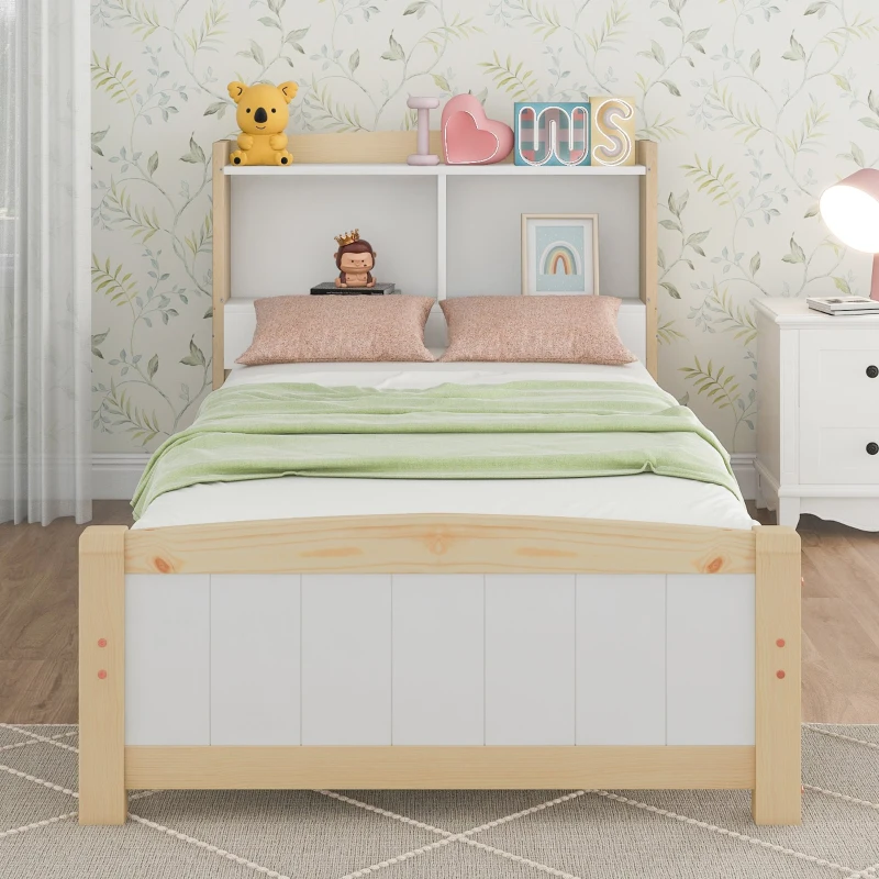 Solid Wooden Single Bed Frame with Storage Headboard, 3FT (90x190 cm) - No Box Spring Needed, Durable Construction, White