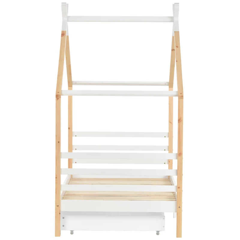 Children's House Tree Canopy Single Bed with Underbed Storage Drawers, Solid Pine Wood and MDF, Safety Rail Guards, 200x96x183 cm, Natural