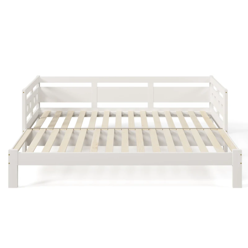 Heart-Shaped Wooden Daybed Frame with Pull-Out Trundle, 3FT Single Sofa Bed for Children Adults, Guest bed for Living Room, 196x98-187x66 cm, White