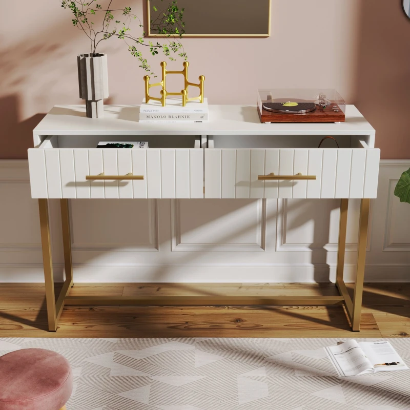 Modern Dressing Table with 2 Drawers, Highboard Bedroom Chest, Particle Board and Metal Construction - 75x100x45 cm, White