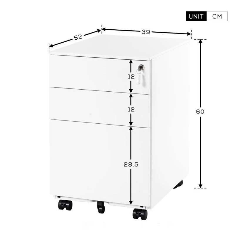Lockable Mobile File Cabinet with 3 Drawers, Solid Steel Pedestal with 5 Casters and Keys, 39x52x60 cm, White