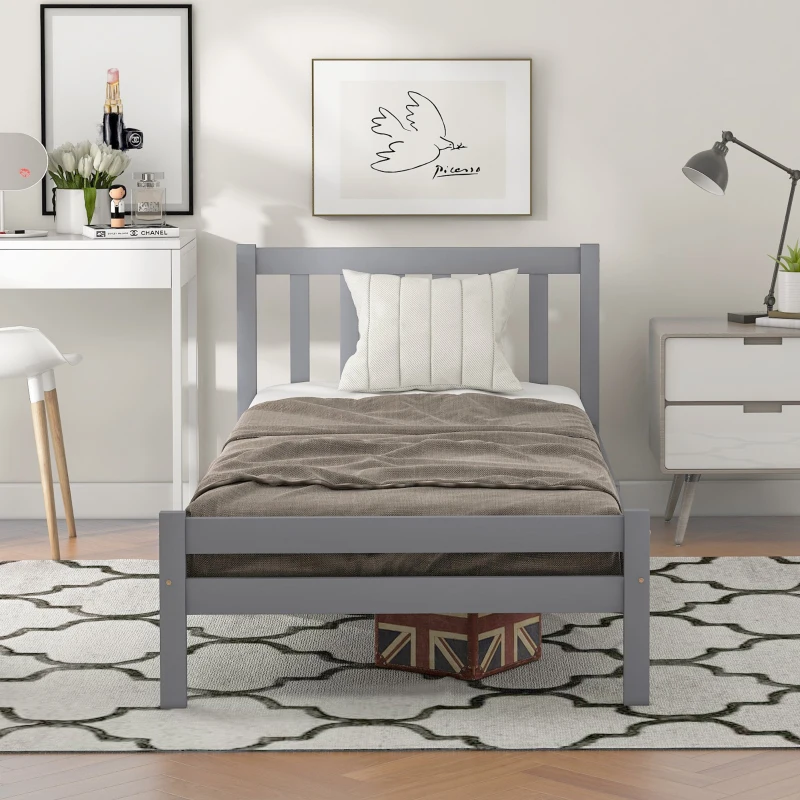 3ft Single Bed Frame with Headboard, Footboard, Wood Slat Support, Easy Assembly, Daybed for Teenagers, Adults, 196x94x77 cm, Grey