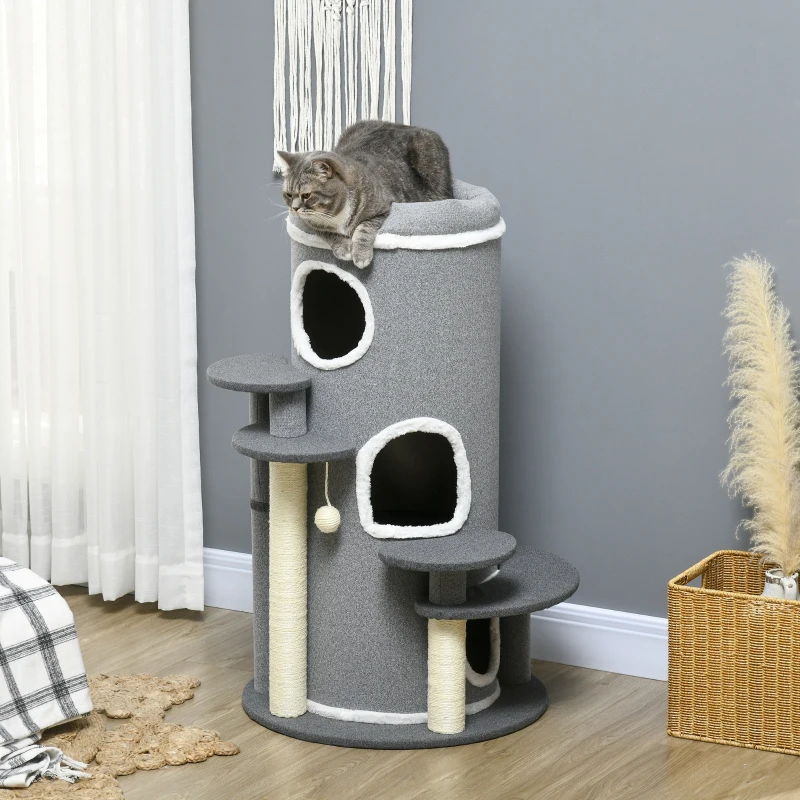 PawHut Barrel Shaped Cat Tree with Sisal Scratching Posts, Cat Bed, Platforms, Hanging Ball, Grey, Grey