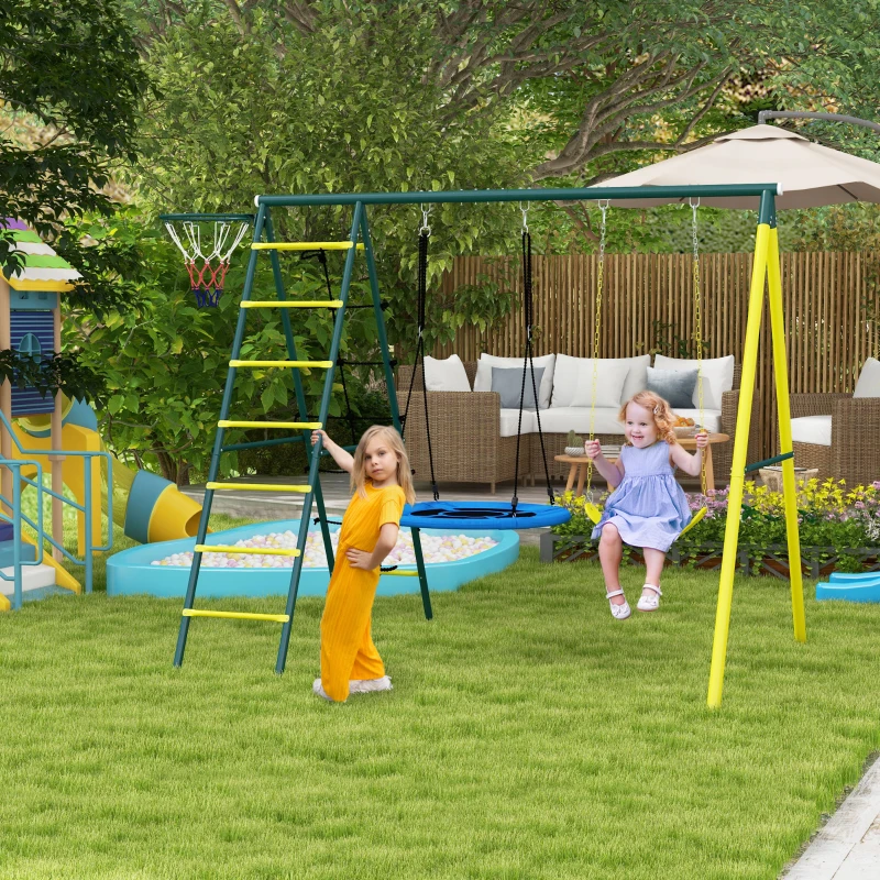 Outsunny Set de Leagan pentru Copii 4 in 1 cu Leagan cu Farfurie, Scaun, Scara/Plasa de Catarat, Cos de Baschet, Galben(m-2)
