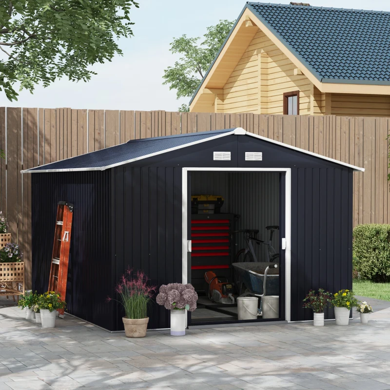 Outsunny Magazie de Depozitare de 11 x 9 din Metal pentru Unelte de Gradina cu Usi Glisante Duble si 4 Orificii de Aerisire(m-2)