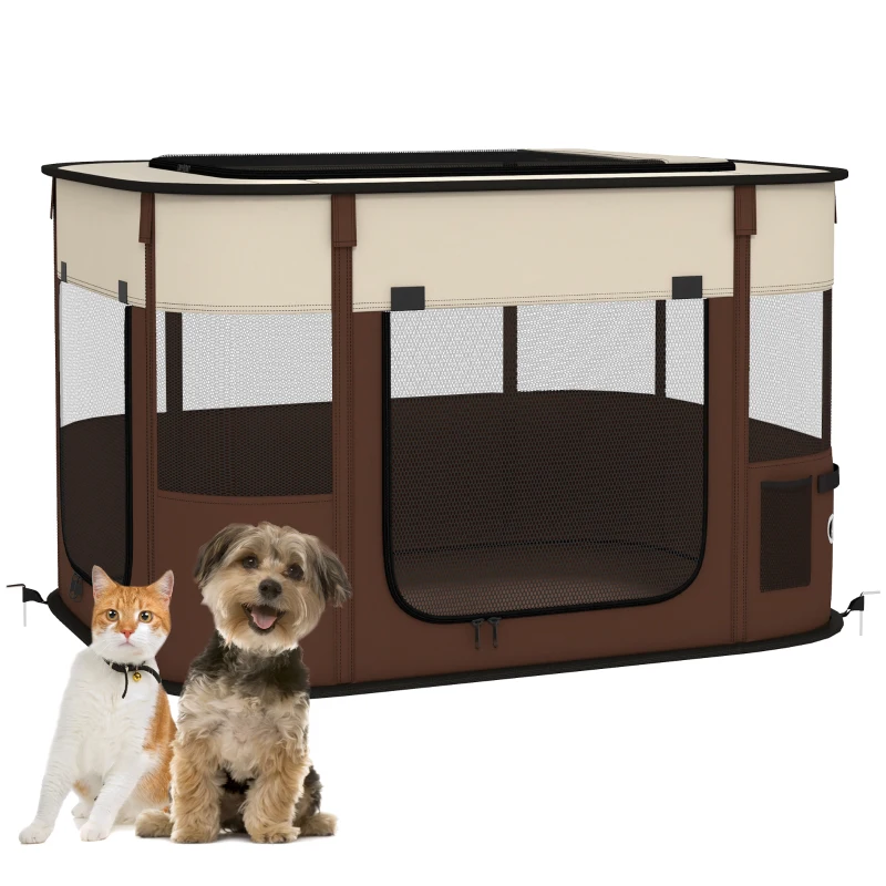 PawHut Foldable Dog Pen with Storage Bag for Indoor/Outdoor Use, Portable Pet playpen, with Ground Stakes - Brown