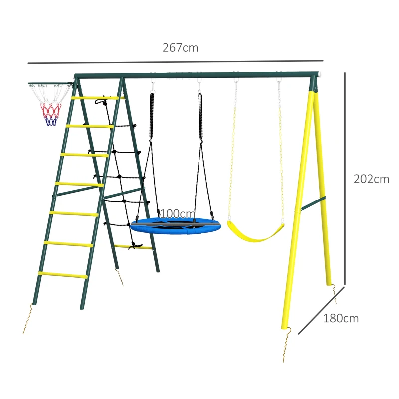 Outsunny Set de Leagan pentru Copii 4 in 1 cu Leagan cu Farfurie, Scaun, Scara/Plasa de Catarat, Cos de Baschet, Galben(m-3)