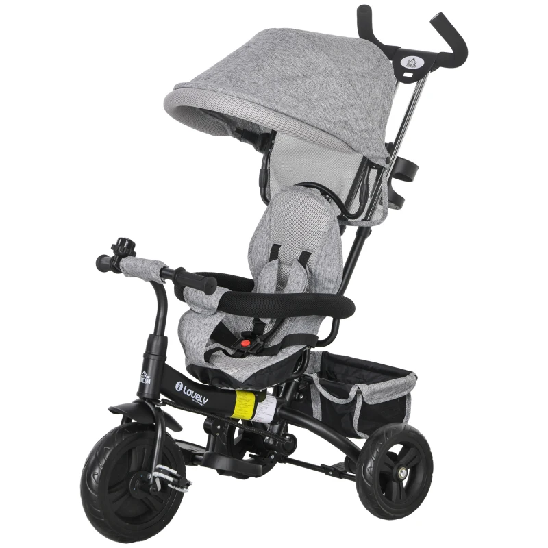 HOMCOM Tricicletă pentru Copii cu Mâner 6 În 1, Cărucior pentru Copii cu Baldachin Reglabil, Centura de Siguranță și Coș, Vârsta 1-5 ani, 95x50x106 cm, Gri