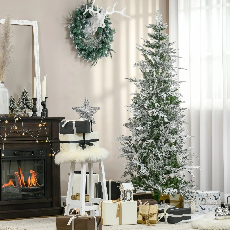 HOMCOM 6 Ft Pencil Snow Flocked Artificial Christmas Tree with Realistic Cypress Branches, Auto Open, Green