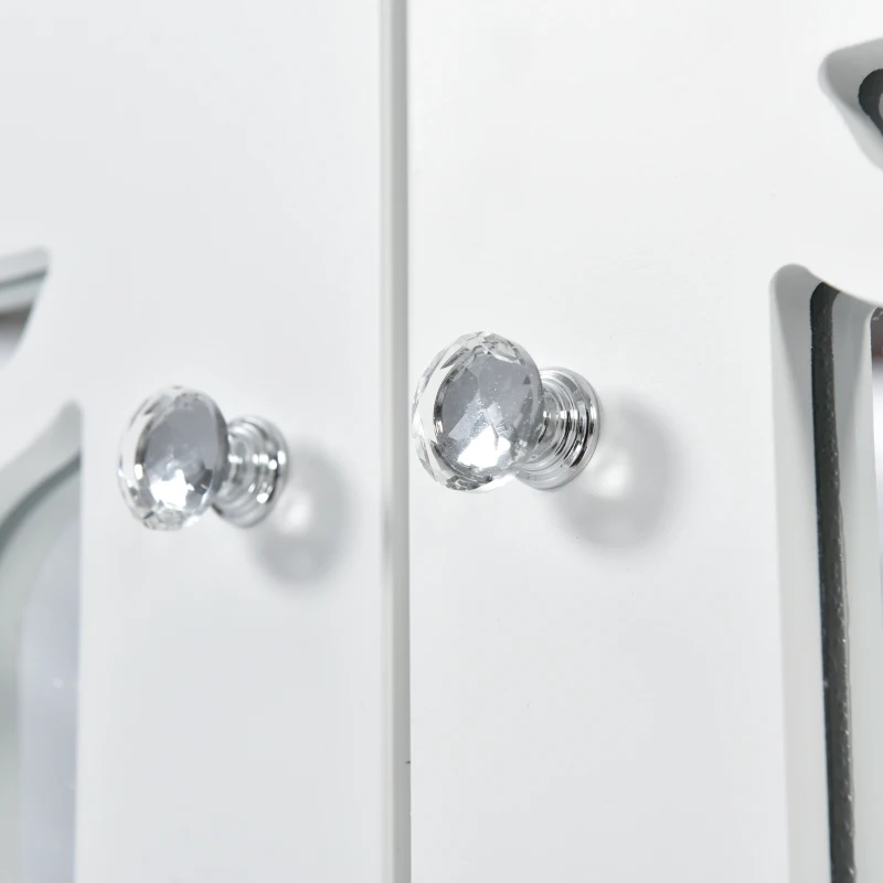 Crédence Blanche avec Miroir et Poignées en Cristal, 4 Portes, Étagère Intérieure Mobile, Design Coordonné, Parfait pour Salon et Salle à Manger, Blanc