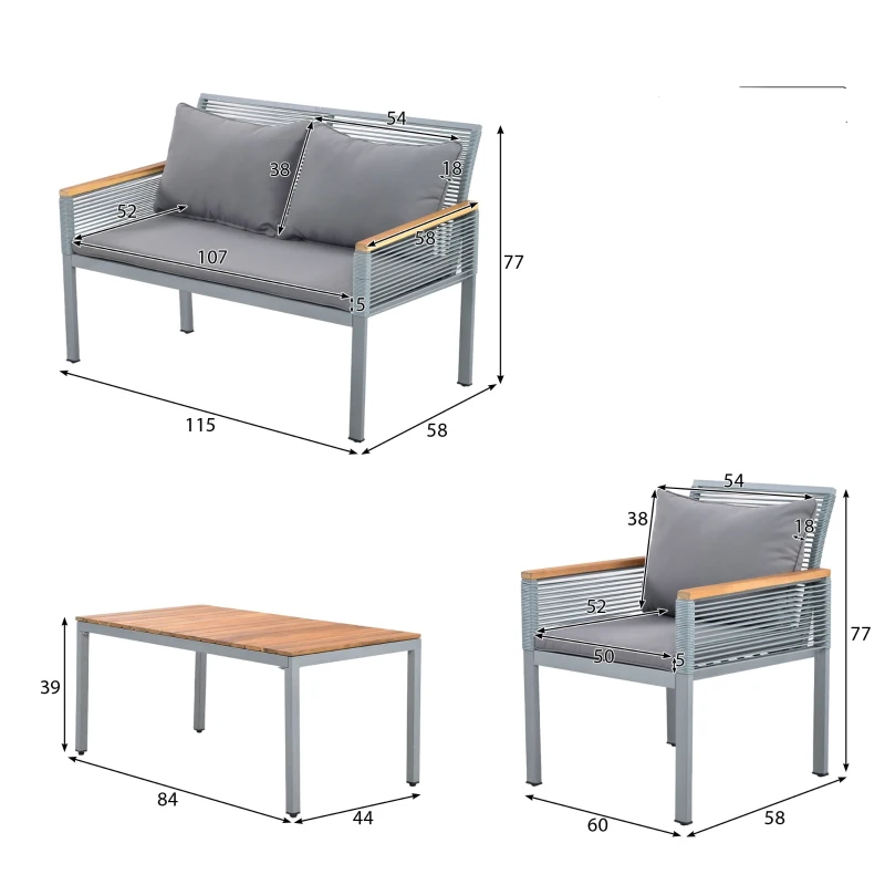 Ensemble de Salon de Jardin en Rotin avec Coussins Confortables : Canapé Double, 2 Fauteuils et Table d'Angle pour Extérieur, Gris