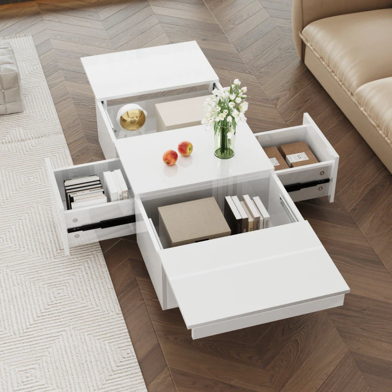 Table basse relevable blanc brillant avec structure de rangement pousser-tirer et double tiroir, Blanc(m-8)