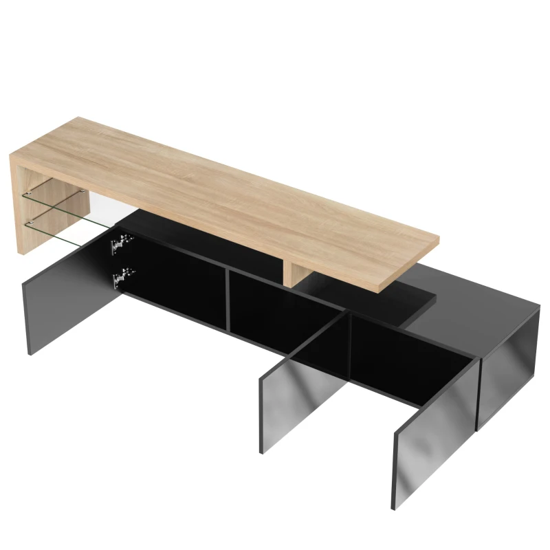 Meuble TV moderne design scandinave avec grand espace de rangement, effet bois, étagères en verre, éclairage LED, Naturel+Noir(m-6)