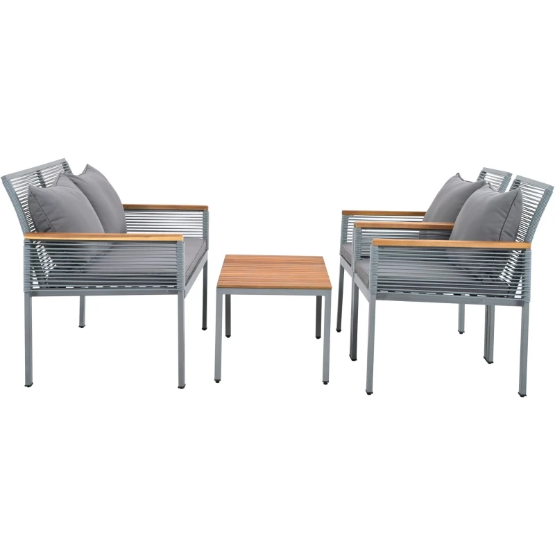 Ensemble de Salon de Jardin en Rotin avec Coussins Confortables : Canapé Double, 2 Fauteuils et Table d'Angle pour Extérieur, Gris