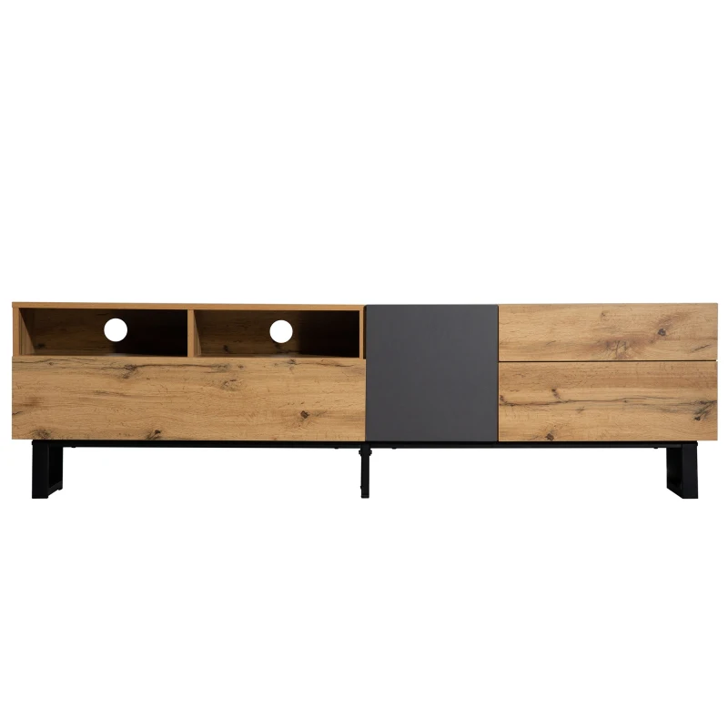 Meuble TV moderne scandinave avec veinures de bois et surface brillante, chêne + anthracite, Noir