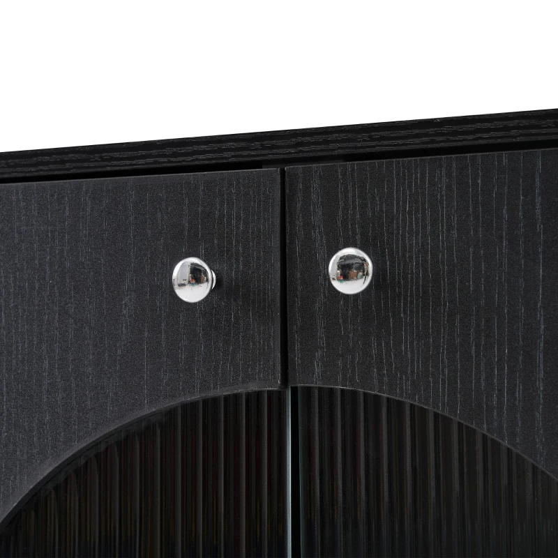 Crédence avec Portes en Verre de Rotin et Porte Semi-Ronde, Meuble de Cuisine, 160x40x80 cm, Noir