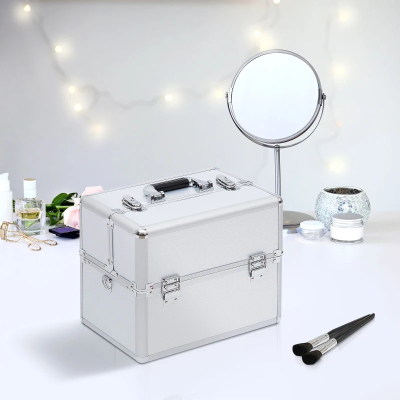HOMCOM Cutie de Machiaj în 3 Nivele, Geantă Profesională pentru Cosmetică, 36.5x24x29 cm, Argintiu