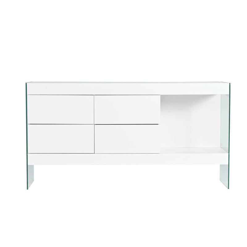 Meuble TV Scandinave avec Pieds en Verre, Quatre Tiroirs et une Étagère, avec Éclairage LED, Gris chaud + Blanc