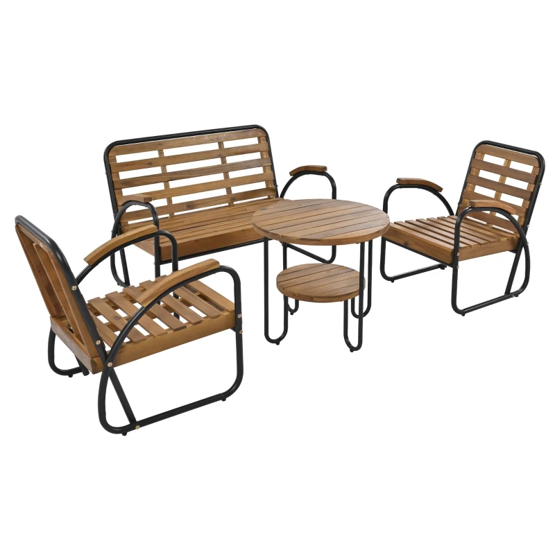 Ensemble de Salon de Jardin 4 Places en Acier Galvanisé et Bois d'Acacia, Canapé, 2 Chaises et Table, Naturel+gris