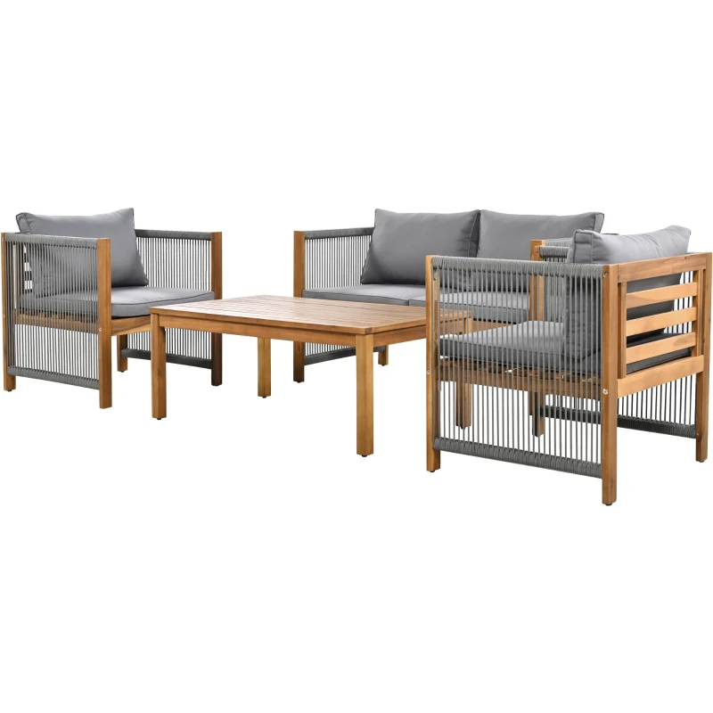 Set de grădină din rattan sintetic cu perne confortabile, canapea dublă, 2 fotolii și masă pentru exterior, Gri