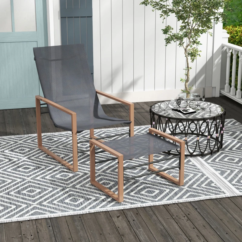 Outsunny Krzesło tarasowe z podnóżkiem, zestaw krzeseł ogrodowych, krzesło balkonowe, pokrycie siatkowe, rama metalowa, ciemnoszary