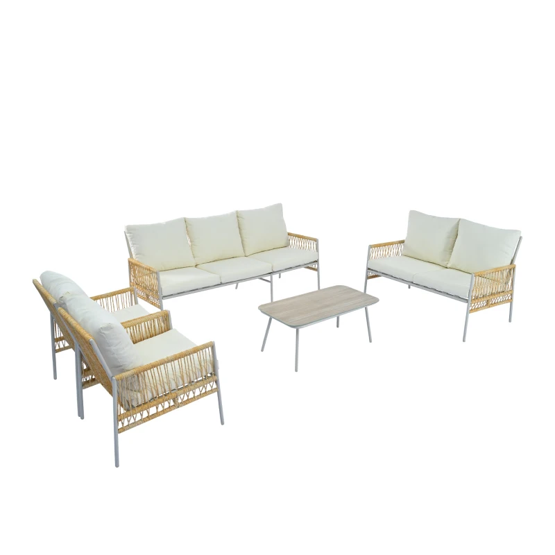 Set mobilier de grădină 7 locuri din PE-ratan și oțel zincat, măsuță cu blat din sticlă temperată cu efect lemn, perne lavabile, Bej