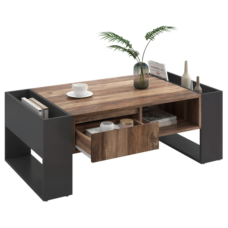 Table basse à grain de bois, Table de salon avec tiroirs, Grands treillis de rangement des deux côtés, Style industriel, Noir+Naturel(m-10)