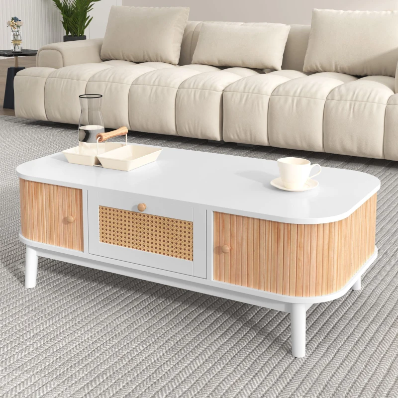 Table basse en rotin avec tiroirs et portes de style rustique naturel en solde, Blanc