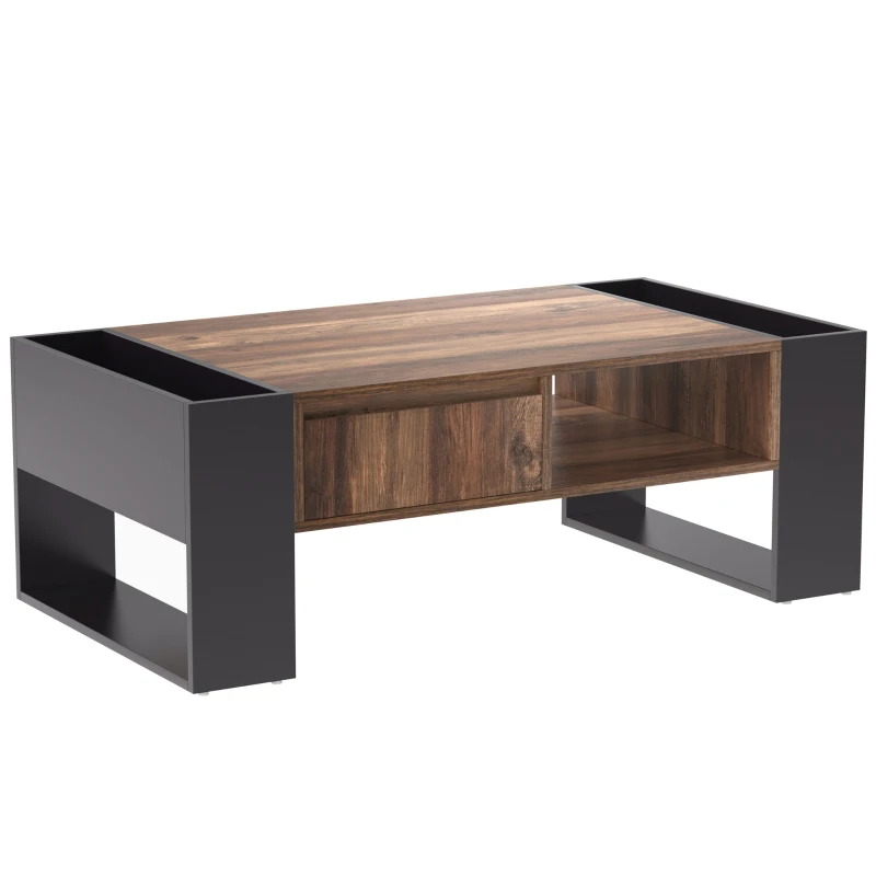 Table basse à grain de bois, Table de salon avec tiroirs, Grands treillis de rangement des deux côtés, Style industriel, Noir+Naturel(m-4)
