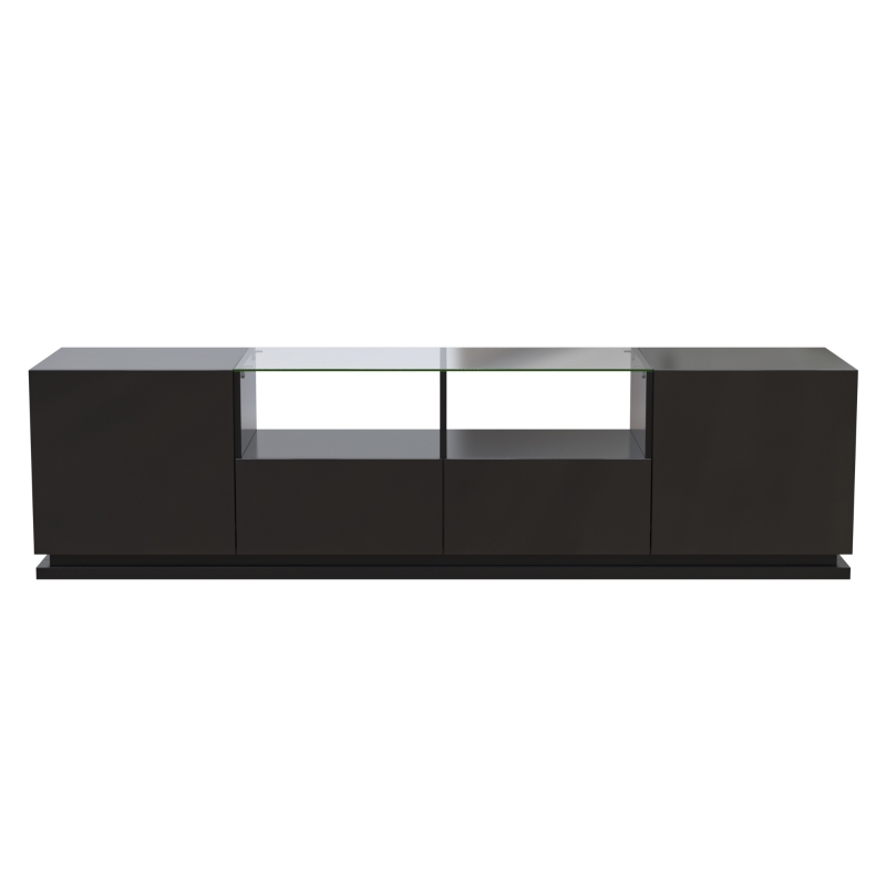 Meuble TV Brillant avec étagères en verre, 2 tiroirs, 2 portes & effets lumineux LED, Planche basse 165x38x43 cm, Noir