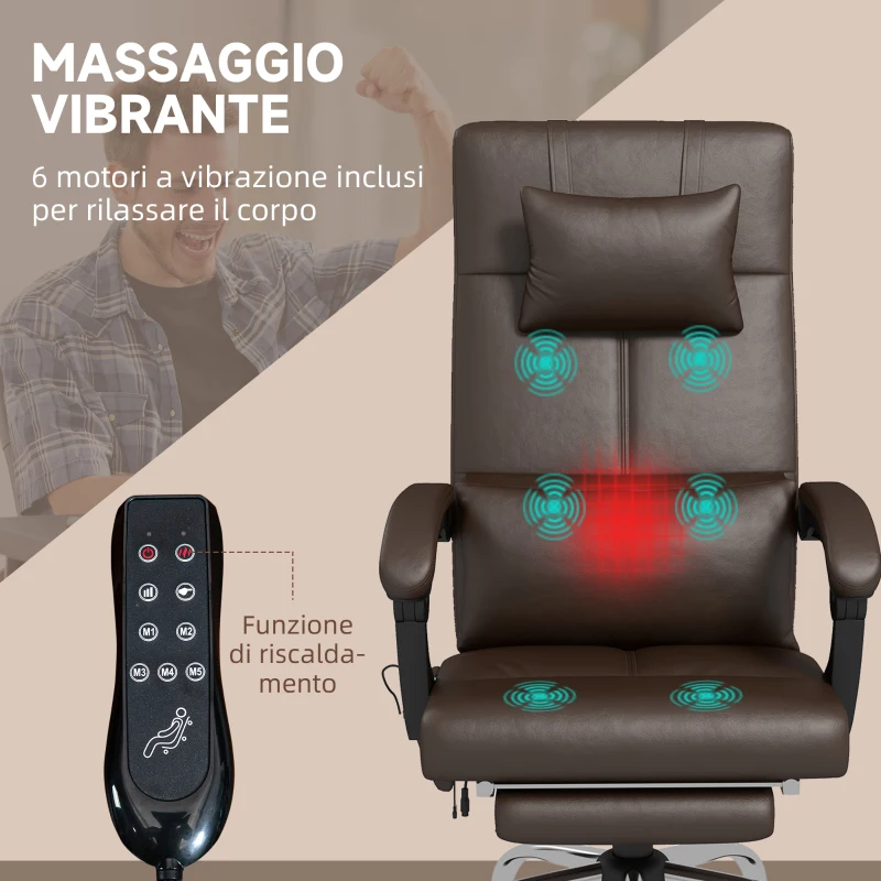 Vinsetto Sedia da Ufficio Massaggiante in Pelle PU ad Altezza Regolabile con Poggiapiedi e Telecomando, 66x67x115-123 cm, Marrone