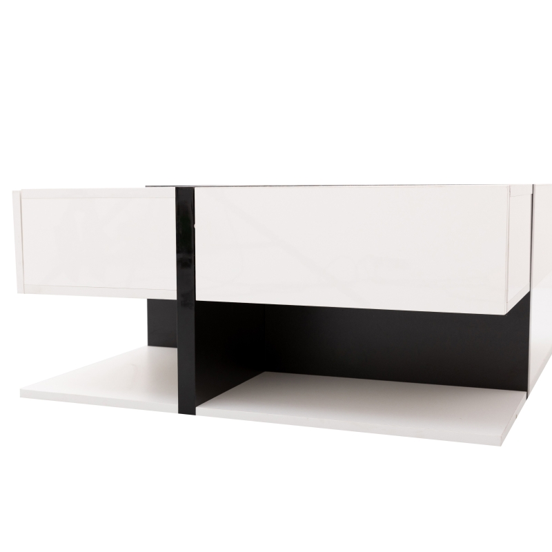 Table basse carrée avec plateau relevable, 4 tiroirs et espace de rangement inférieur, design unique de lignes, Blanc