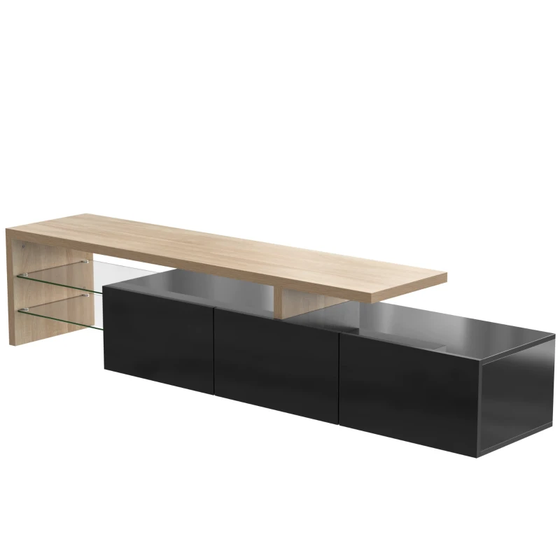 Meuble TV moderne design scandinave avec grand espace de rangement, effet bois, étagères en verre, éclairage LED, Naturel+Noir(m-10)