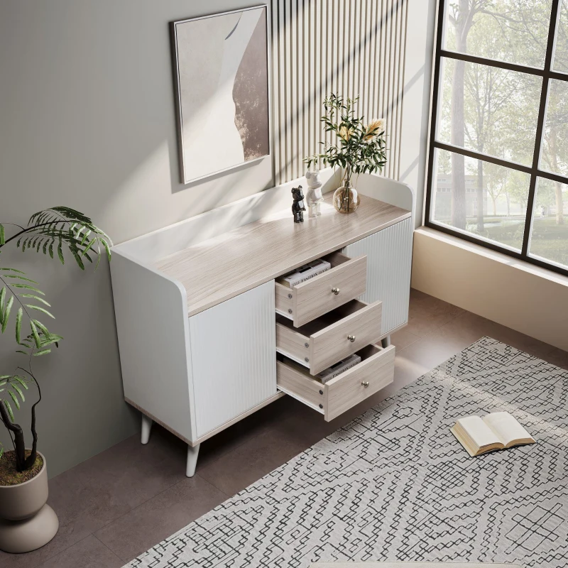 Crédence avec trois tiroirs à veinures pour chambre à coucher et salon, meuble moderne en bois avec étagères et rangements, Blanc
