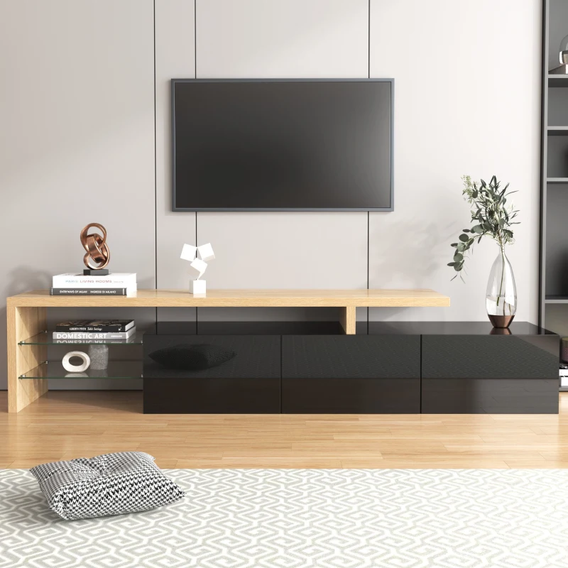 Meuble TV moderne design scandinave avec grand espace de rangement, effet bois, étagères en verre, éclairage LED, Naturel+Noir(m-7)