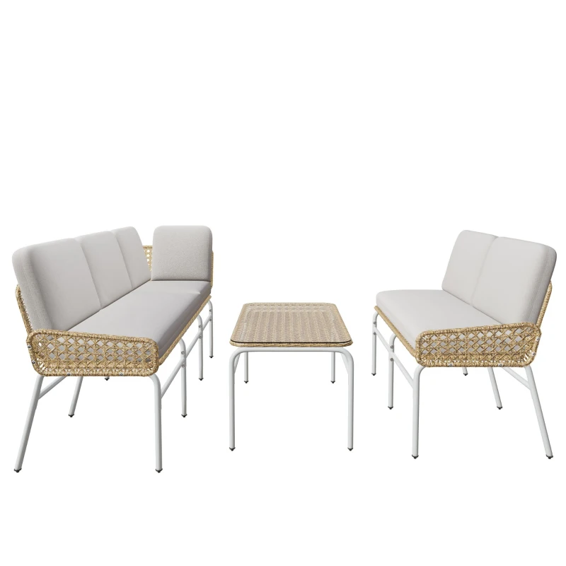 Ensemble de Salon de Jardin en Résine Tressée pour 4-5 Personnes avec Canapé d'Angle, Table Basse en Verre Trempé et Coussins, Gris Clair + naturel