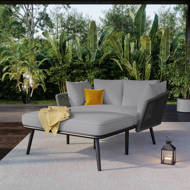 Ensemble salon de jardin modulable avec canapé, 2 fauteuils et chaise longue d'extérieur, coussins amovibles et lavables, Gris