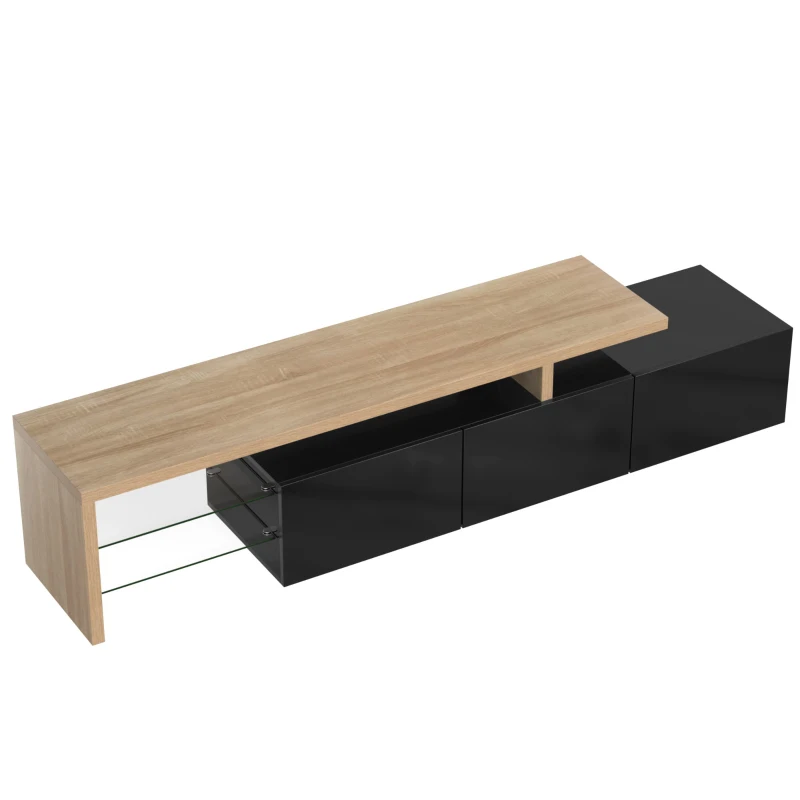 Meuble TV moderne design scandinave avec grand espace de rangement, effet bois, étagères en verre, éclairage LED, Naturel+Noir(m-4)