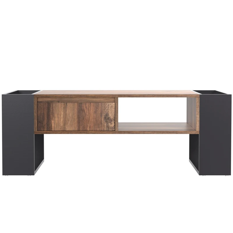 Table basse à grain de bois, Table de salon avec tiroirs, Grands treillis de rangement des deux côtés, Style industriel, Noir+Naturel(m-2)