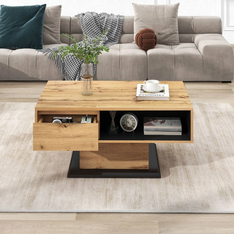 Table basse en chêne veiné avec tiroir sans poignées et rangement double face, relevable pour bureau et salon, gris foncé