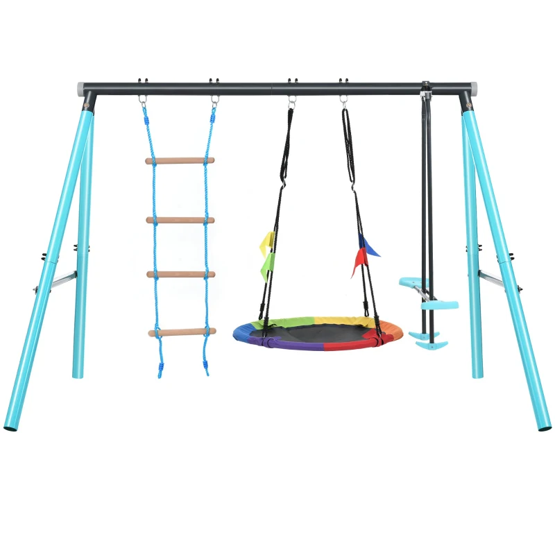 Ensemble de Jeu de Jardin pour Enfants de 3 à 8 Ans avec Balançoire Nid, Échelle d'Escalade, Filet et Balancelle 3 Places, Structure en Métal, Bleu