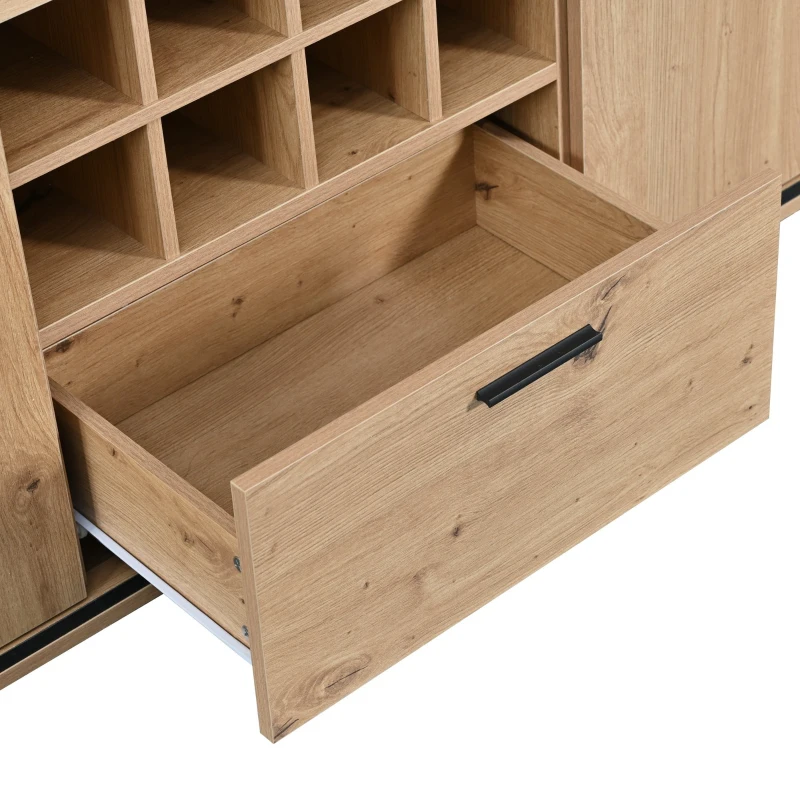 Crédence Élégante avec Double Portes, Étagère en Verre, Porte-bouteilles et Lumière LED à 15 Couleurs, Bois naturel