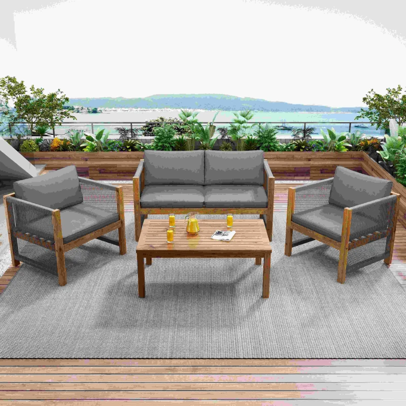 Salon de jardin en résine tressée avec canapé d'angle, 2 fauteuils et table d'extérieur en acacia, coussins confortables, Gris