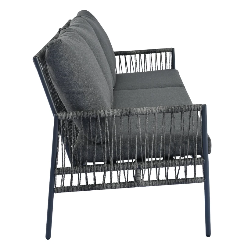 Set mobilier de grădină 7 locuri din PE-ratan și oțel zincat, măsuță cu blat din sticlă temperată cu efect lemn, perne lavabile, Gri