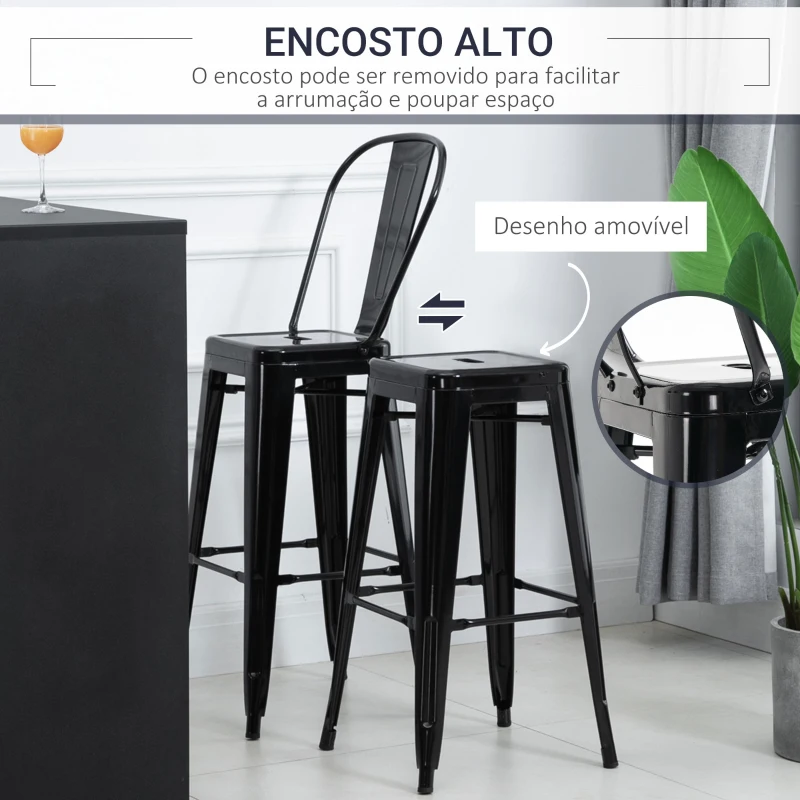 HOMCOM Conjunto de 4 Bancos Altos de Metal com Encosto Alto e Apoio para os Pés Carga 120kg 44x49x116cm Preto