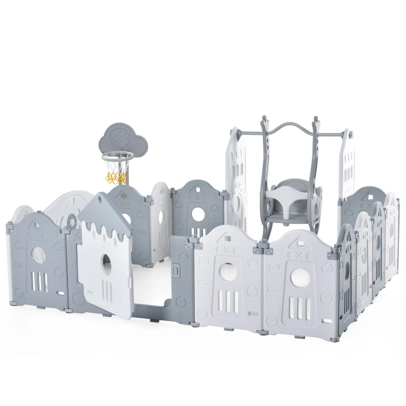 Parc pour enfants 160x160x77 cm, 14 panneaux, barrière de sécurité en plastique avec porte, panneau de jouets, panier de basket, balançoire, Gris