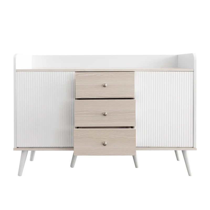 Crédence avec trois tiroirs à veinures pour chambre à coucher et salon, meuble moderne en bois avec étagères et rangements, Blanc