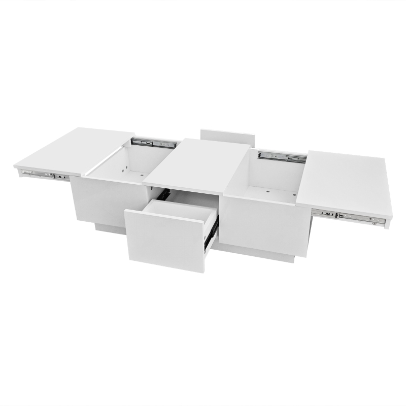 Table basse relevable blanc brillant avec structure de rangement pousser-tirer et double tiroir, Blanc(m-9)